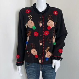 Vintage Jack B Quick Womens Christmas Cardigan M Black Reindeer New Old Stock